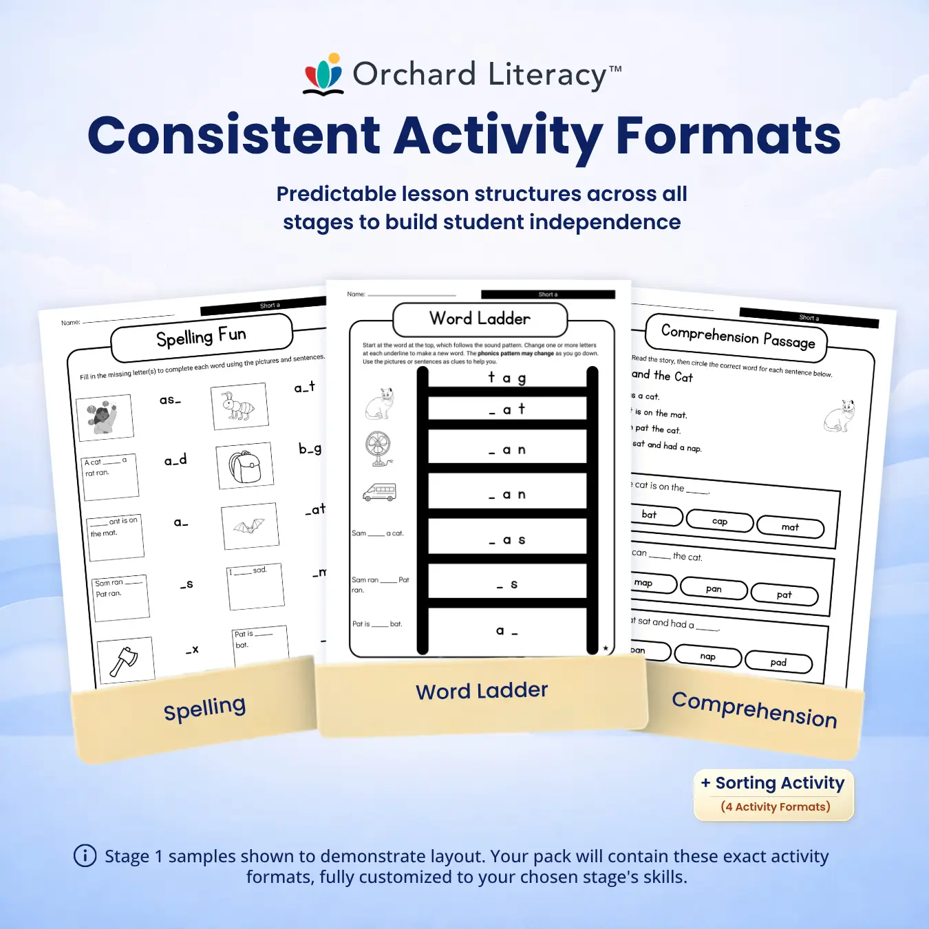 Extension activity formats showing Spelling, Word Ladder, and Comprehension
