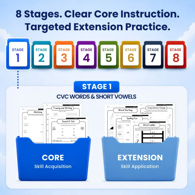 Orchard Literacy structured phonics pathway showing stages, Core, and Extension